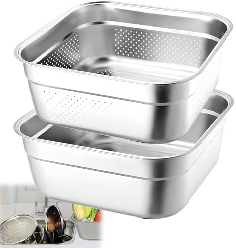 Juego de cuencos de acero inoxidable 2 en 1, cubeta cuadrada resistente de 12.8 pulgadas con colador, lavabo de lavado de frutas y verduras para fregadero, plato de grado alimenticio para escurrir