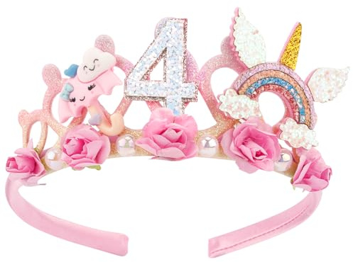 SuPoo 4th Birthday Headband Flower Crown for Girls Princess Tiara 4th Birthday Decorations for Girl Hair Band Cute 4 Year Old Party Decorations Accessory