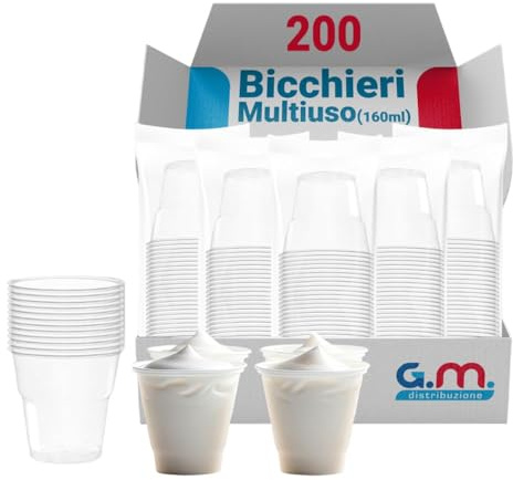 G.M. DISTRIBUZIONE 200 Bicchieri Kristal da 160ml in PS Trasparente, Riutilizzabili, Per Yogurt, Cocktail, Vini bianchi e rossi, Liquori, Bicchieri Multiuso Riutilizzabili, Per Bar e Lounge Bar
