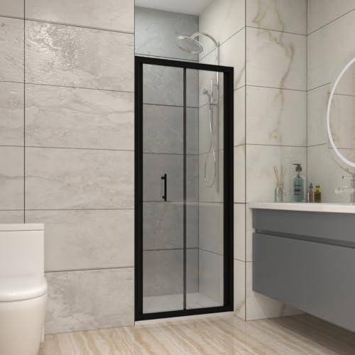NRG 700 x 1900mm Bathroom Bi- Fold Shower Door for Wet Room Shower Enclosures Black Framed Space Saving