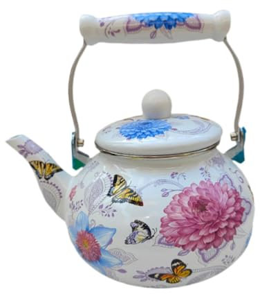 FLCPJGV Emaille-Teekessel, Wasserkrug mit Deckel, hitzebeständig, Blumen-Emaille-Topf, Kaffeekanne