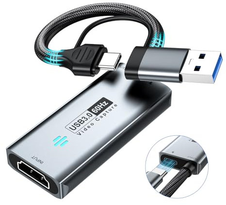 Papeaso USB 3.0 Carte d'acquisition vidéo, HDMI vers USB-A/C avec PD, Capture Vidéo 1440P 30fps & 1080P 60fps, pour Le Streaming, l’Enseignement, la Visioconférence ou la Diffusion en Direct