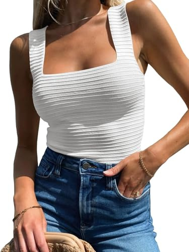TrendiMax Damen Strick Tank Top Quadratischer Hals Ärmellose Sommer Oberteile Slim Fit Strand Weste Tanktop Lässig Sweater Vest Tops, Weiß, XL