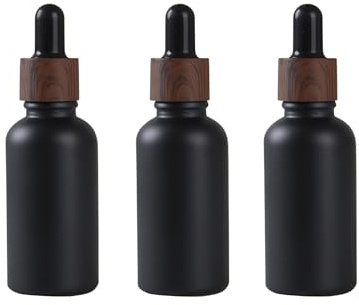 VASANA 3Pcs 50ml/1.7oz Matte Black Glass Dropper Bottles with Plastic Wood Grain Cap Empty Refillable Boston Round Essential Oils Bottles Leak Proof Travel Bottles for DIY Cosmetic Perfumes Hair Oil