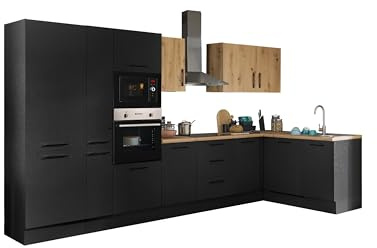 TURIN LBM Eckküche Winkelküche in Schwarz und Artisan Eiche Optik