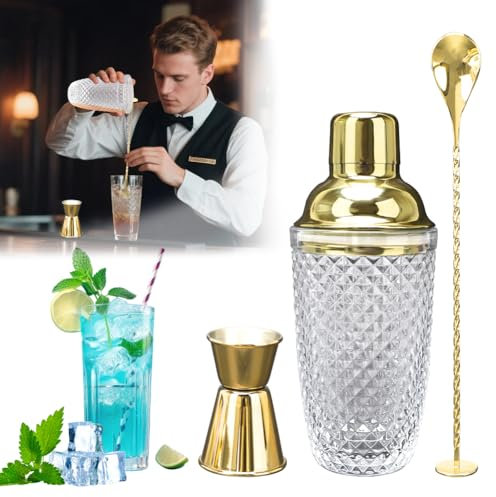 Cocktail Shaker, Cocktail Mixer, Shaker Stainless Steel Cocktail - Glass Cocktail Shaker, Stainless Steel Lid, Integrated Strainer, Shaker for Cocktails, Mixer Spoon, 4-Piece Bartender (Diamond Shape