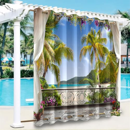 Hiseng Outdoor Vorhänge Wetterfest mit Ösen Oben und Unten, 3D Landschaft Muster wasserdichte Outdoorvorhänge 1 Stück Verdunkelungsvorhang Sichtschutz Vorhang für Garten (Meerblick,132x274cm)