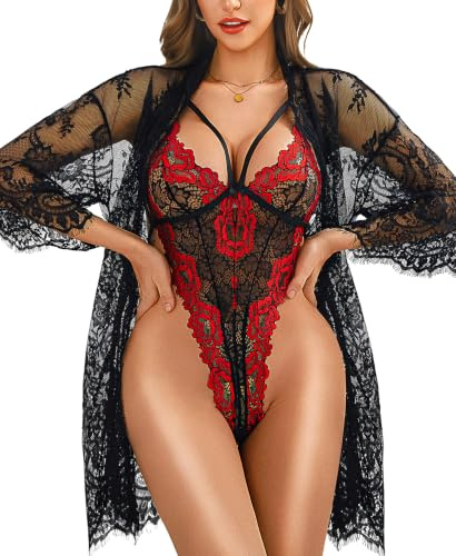 RSLOVE Lencería sexy para mujer - Body de encaje con bata, conjunto de ropa de dormir de malla