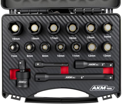 AKM TOOL Magnetischer Schlag-Steckschlüsselsatz, 3/8-Zoll-Antrieb, metrisch, 7-19 mm, 6-Punkt, Cr-Mo, Vierkantantrieb, magnetischer Stecknuss mit Universalgelenk, Bohreradapter und Verlängerung, 17