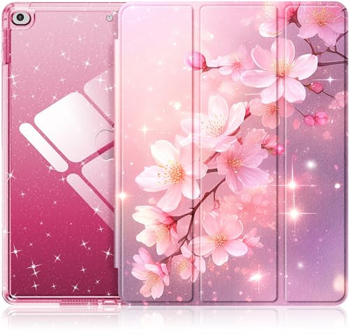 INFILAND Custodia per iPad 6a/5a generazione 9,7 pollici 2018/2017, iPad Air 2, custodia protettiva trasparente glitterata carina per bambini, ragazze, donne, con portamatite (Rosa Fiore Luminoso)