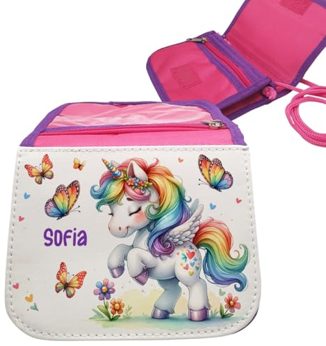 Geschenke364 Brustbeutel rosa für Mädchen mit Name personalisiert Kindergeldbeutel (Einhorn Regenbogen)