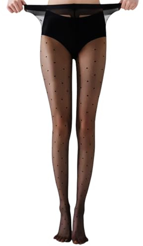 20 Denier Women's Tights, Polka Dot Patterned Black Stockings, Pantyhose with High Waist Control Top, Reinforced Toe and Comfortable Silk Feel, Sexy Shaping Tights for Women, L-XL, 170-175 CM, 67.5 KG