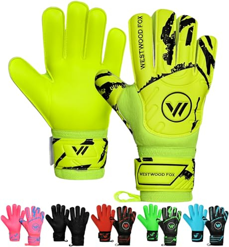 WESTWOOD FOX Guanti da portiere,protezione per le dita,guanti da portiere da calcio,bambini, ragazzi e adulti, (GIALLO-BIANCO, Taglia 10 adatta per adulti - L, Ambidestro)