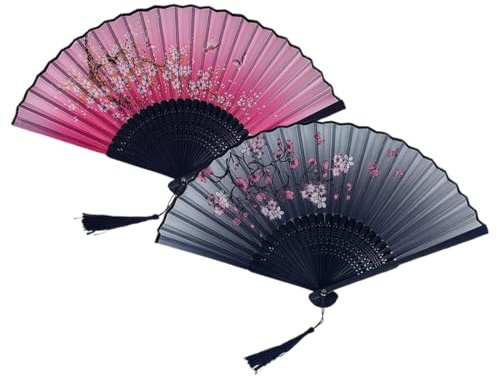 2 Pezzi Ventaglio in Stile Cinese Pieghevoli da donna di Bambù Ventaglio Pieghevole, Ventagli Pieghevoli a Mano per Cosplay Matrimoni Regalo, Decorazione da parete - Nero + Rosa
