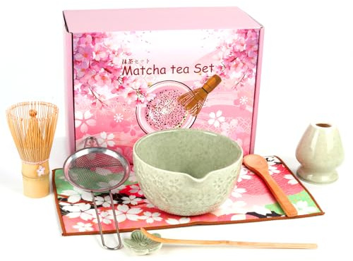 Suruid Matcha Set with Whisk and Bowl, 8 Pcs Matcha Kit for Ceremony Ceramic Matcha Bowl and Matcha Whisk Gift for Tea Lovers(Matcha Green)