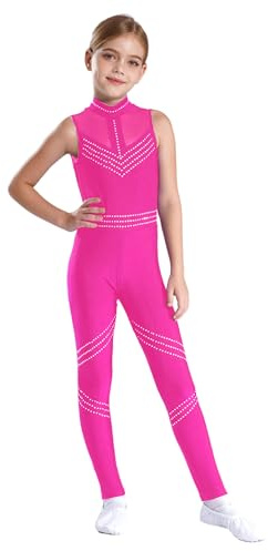 JIZYO Kids Girls Mesh Splice Sleeveless Full Body Unitard Gymnastics Leotard Jumpsuit Bodysuit Catsuit Dancewear Hot Pink 11-12 Years