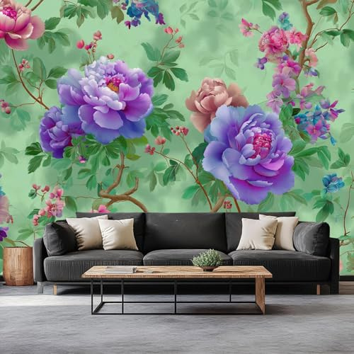 Fotomurale Carta da Parati Stile Retrò Fiori E Uccelli 450 x 315 cm Fotomurali Murale Poster Gigante, Verde Moderna Carta da Parati per Camera Letto Soggiorno Stanza dei Bambini