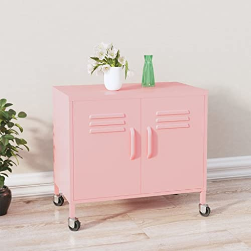 Bendmaxx förvaringsskåp rosa av stål 60 x 35 x 56 cm med justerbart fack och 4 hjul, metallskåp för kontor, hushåll, verkstad, hall, garage med ventilationsöppningar och bromsar för säkra