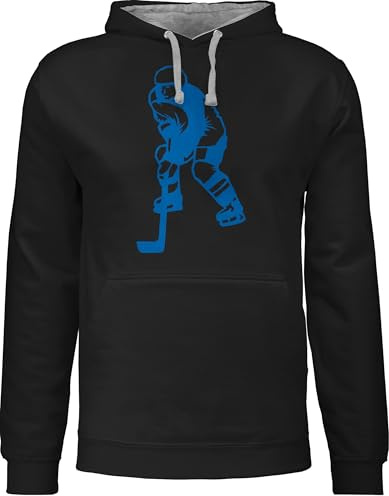 Pullover Herren Frauen Hoodie Kontrast zweifarbig - Eishockey - Damen - Eishockeyspieler blau - M - Schwarz/Grau meliert - hockey geschenk für eishockeyfans eishockeyspiel pulli ice hoody fans