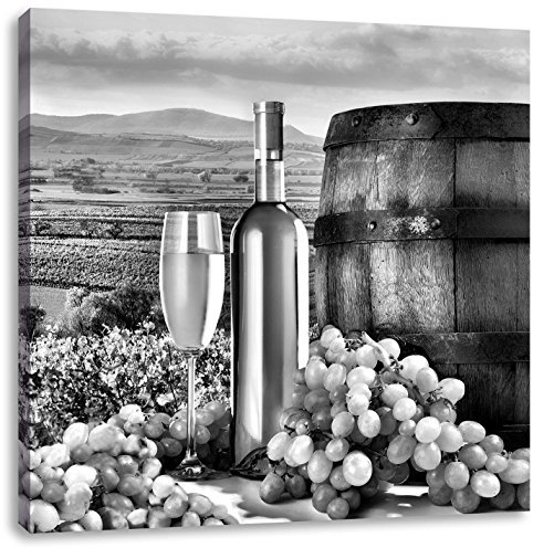 Pixxprint Monocrome, Weinreben mit Weinflasche und Fass, Größe: 40x40, Leinwandbild Quadratisch, Wandbild, Kunstdruck, fertig bespannt