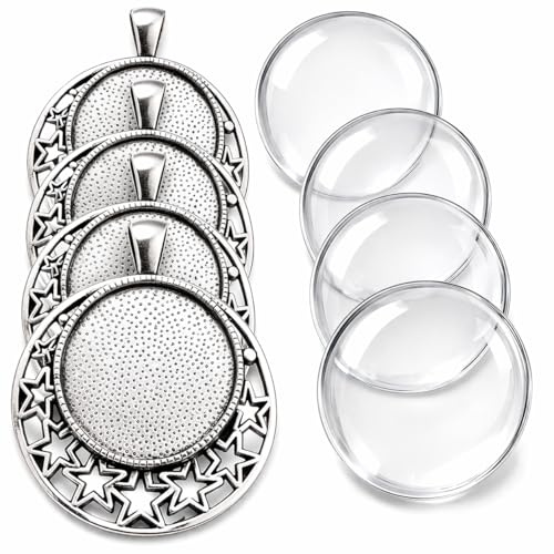 Perlin Cabochon Anhänger Set 25 mm 4 Stück Stern Medaillon mit Glas Cabochons Schmuck Bastelset DIY Kettenanhänger Silber Metall