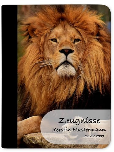 CreaDesign Zeugnismappe A4 mit Namen personalisiert für Kinder – Löwe – Dokumentenmappe Schule ohne Klarsichthüllen