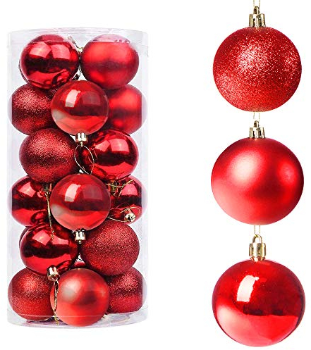 SPRINGOS Lot de 30 boules de Noël en plastique - Rouge - 6 cm - Paillettes mates et brillantes - Décoration