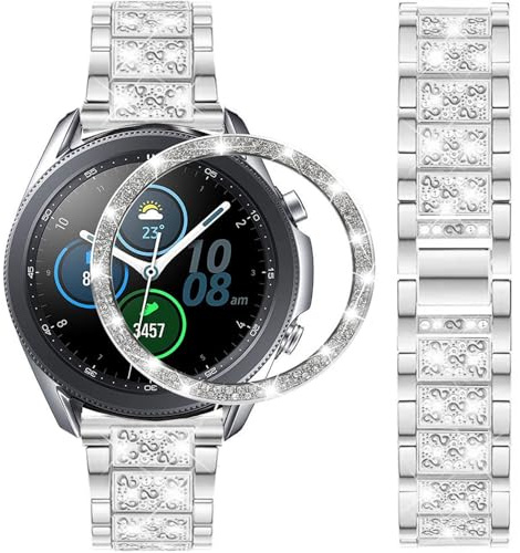 DEALELE Armband Kompatibel mit Samsung Galaxy Watch 3 41mm, 20mm Luxus Diamant Edelstahl Metall Uhrenarmbänder mit Strass Lünette Ring Schutzhülle Ersatz für Damen Herren, Silber