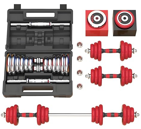 HAKENO 3 in 1 Hanteln Set Hantelset verstellbar mit Verbindungsstange| Kurzhantel & Langhanteln verstellbar für Krafttraining aus Metall Rot