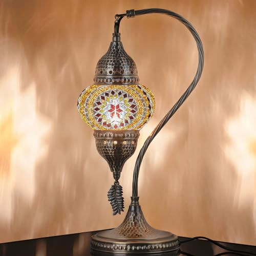 DEMMEX Authentic Turkish Moroccan Mosaic Lamp - Handcrafted in Turkey - Table/Bedside Lamp with Mosaic Glass Globe & Hammered Metal Body, Bulb Included, 38cm, Unique Gift (Amber)