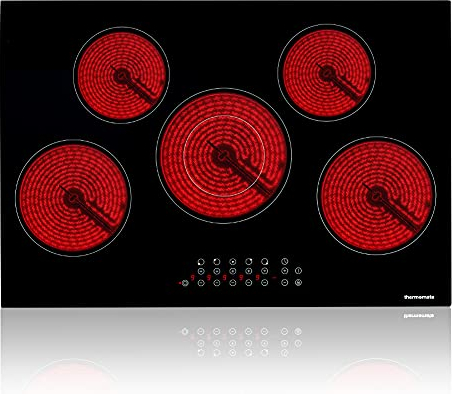 ThermoMate CHTB775 77 cm Table de cuisson vitrocéramique intégrée, plaque de cuisson électrique en verre noir, 5 zones de cuisson Commandes tactiles Minuterie Verrouillage enfant, 8,2 kW