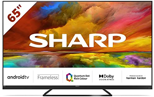 SHARP 65EQ3EA Android TV 164 cm (65 Zoll) 4K Ultra HD Android TV (Smart TV ohne Rahmen, Dolby Atmos, Quantum Dot, Harman Kardon) [Modelljahr 2022] [Energieklasse G]