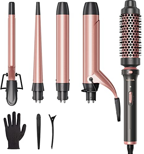Wavytalk 5 in 1 Curling Iron Set with Curling Brush and 4 Interchangeable Ceramic Curling Wand (0.35-1.25”), Wand Curling Iron Instant Heat Up, Dual Voltage Hair Curler