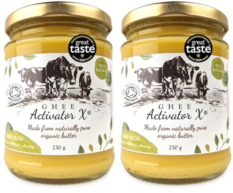 Organic Ghee 500g (2 x 250g Pack) | Free Range, Grass Fed English Butter | Certified Organic Clarified Ayurveda | Activator X: Rich in Vitamin A, D3, E, K2 | Vegetarian