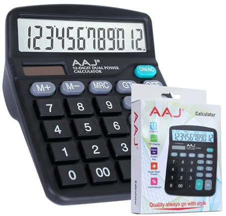 AAJ Electronic Calculator | Desktop Calculator | 12-Digit Solar Battery Dual-Power, LCD Display and Large Buttons | Office and School work (Battery Included) - Black