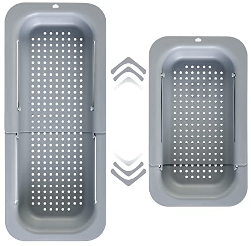 Seiher Sieb für Spülbecken, Ausziehbar Siebkorb über der Spüle, Abtropfsieb Waschbecken Ideal zum Gemüse und Obst waschen, Gekochte Nudeln und Trockengerichte Abtropfen Lassen, 34,5-48 x 6.5 x 20 cm