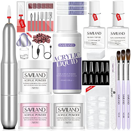 Saviland Kit De UñAs AcríLicas: Juego De Polvo Y Líquido Acrílico De 3 Colors Con Cepillos Para Uñas/Taladro Para Uñas/Gel Superior/Unión De PH No Ácido/Pegamento Para Uñas/Plato Dappen