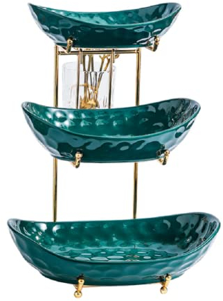 JUNYFFF Frutero De 3 Pisos - Cesta De Frutas Cerámica Para Mostrador Y Organizador Cocina – Fruteros De Cocina Estilo Vintage – Con Soporte Metálico Y Horquilla De Fruta,Verde