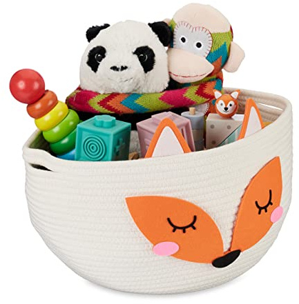 Relaxdays Aufbewahrungskorb für Kinder, Baumwollkorb Fuchs, H x D: 26 x 35 cm, Spielzeugkorb Kinderzimmer, weiß/orange