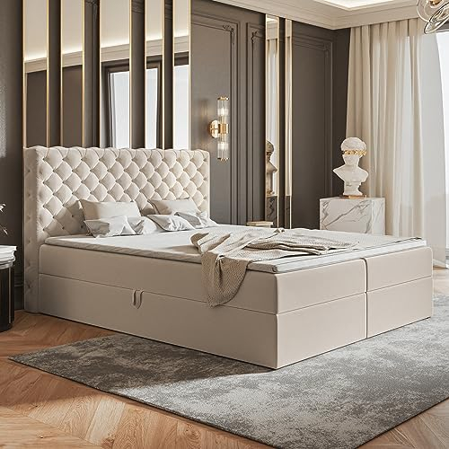 MOTIVENA Nero Chesterfield Boxspringbett 160x200 mit Bettkasten und Topper, Polsterbett 160x200 mit Bettkasten, Bonell-Matratze (H4), T28 Schaumstoff Topper (H3), Samt, Beige (Creme)