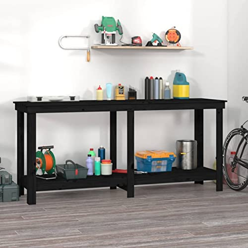Homgoday Werkbank schwarz 180x50x80 cm Massivholz Kiefer Schwerlast Werkbank Tisch Werkstattschuppen