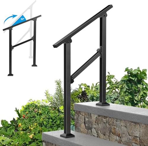 FOYUEE Outdoor Metal Handrails for Steps – Exterior Stair Railing for Concrete Steps, Porch, Adjustable, Easy to Install, 2 Step