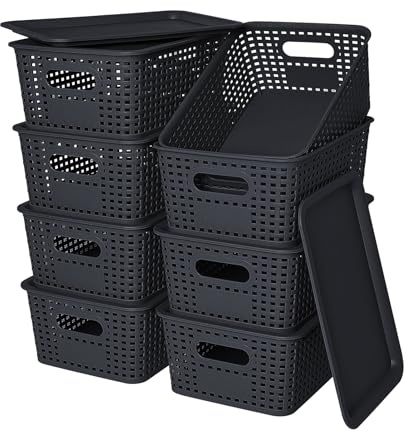 Plastic Storage Baskets with Lid-Plastic Storage Containers Stackable Storage bins: Storage Baskets for Organizing Shelves Drawers Desktop Closet Playroom Classroom Office, 8Pack-Black10.2x7.2x4.1Inch