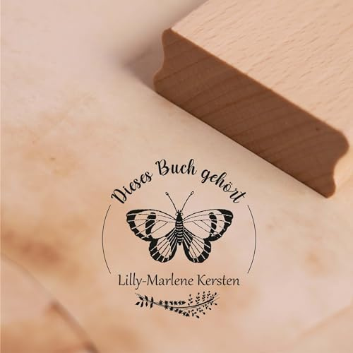 Dekolando Ex Libris stämpel personlig denna bok tillhör med namn och motiv fjäril – Exlibris bokstämpel trästämpel bokmärkning namn ca Ø 48 mm