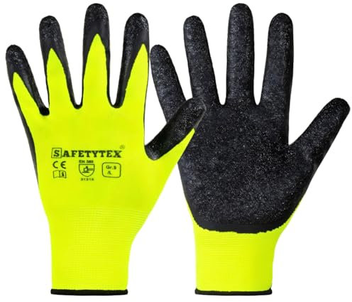Safetytex 6 Paar Arbeitshandschuhe - Montagehandschuhe mit Latex Beschichtung - neongelbe Handschuhe - Schutzhandschuhe für Haus, Garten, Industrie und Handwerk - Größe 8