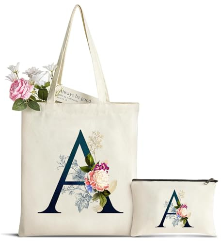 Personalisiert Initialen Canvas Tragetasche mit Kosmetiktasche, Baumwolltasche Einkaufsbeutel Damen Tote Bag, Geburtstag Weihnachten Geschenk für Freundin Braut Brautjungfer, Muttertagsgeschenk(A)