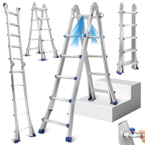 Fiqops Mehrzweckleiter 513cm 4x5 Sprossen Teleskopleiter 3 in 1 Aluleiter Multifunktionsleiter Klappleiter Max Belastung 150 KG, Schiebeleiter beidseitige Steh und Treppenleiter