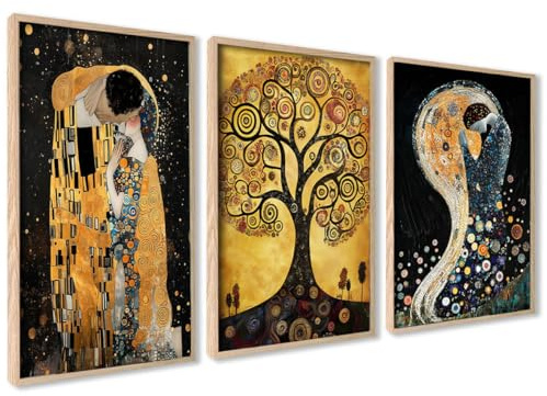 3er Set Poster Wanddeko Wohnzimmer Ideal als Geschenk Modernes Design Flur | 50x70 Bilder mit Holz Rahmen Stilvolles Bilder Set Wandpostern Gustav Klimt Kuss Baum des Lebens Paintings Sammlung für
