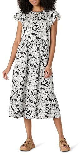 Amazon Essentials Abito Midi da Donna a Balze in Rasatello di Cotone, vestibilità Comoda, Motivo Floreale Folk Nero Avorio, L