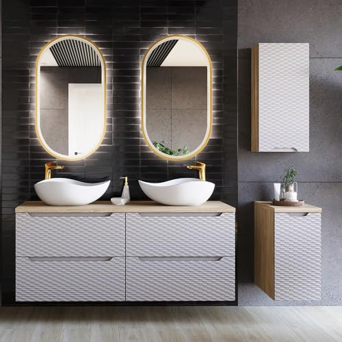 Lomadox Badezimmer Badmöbel Set 5-teilig mit 120cm Doppelwaschtisch in Eiche, Front in beige mit 3D-Oberfläche